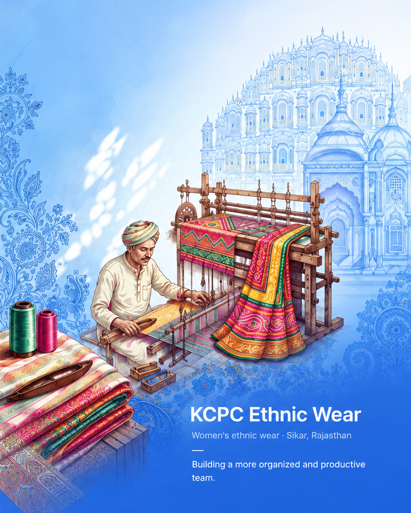 KCPC Ethnic Wear — Women's ethnic wear, Sikar, Rajasthan. Building a more organized and productive team. Illustration of a Rajasthani weaver at a handloom with a bandhani dupatta, in front of Jaipur's Hawa Mahal.
